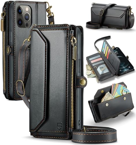 Strapurs Wallet Case Compatible with iPhone 12 Pro Max RFID Blocking 10-Card Holder Soft PU Leather Magnetic Snap Shoulder Strap Zipper Pocket Phone Case Fit for iPhone 12 Pro Max - Black