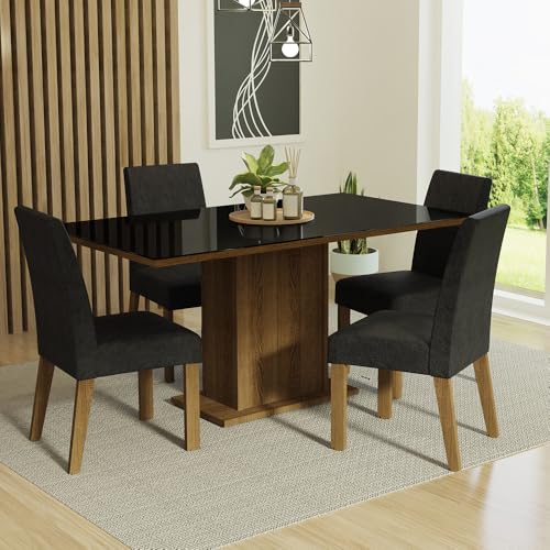 Image of Madesa 4 Seater Dining Set Rectangular Glass Table Top Sturdy Wooden with Fully Cushioned Seats 160 Cm for Dining Room and Kitchen - Brown /Black