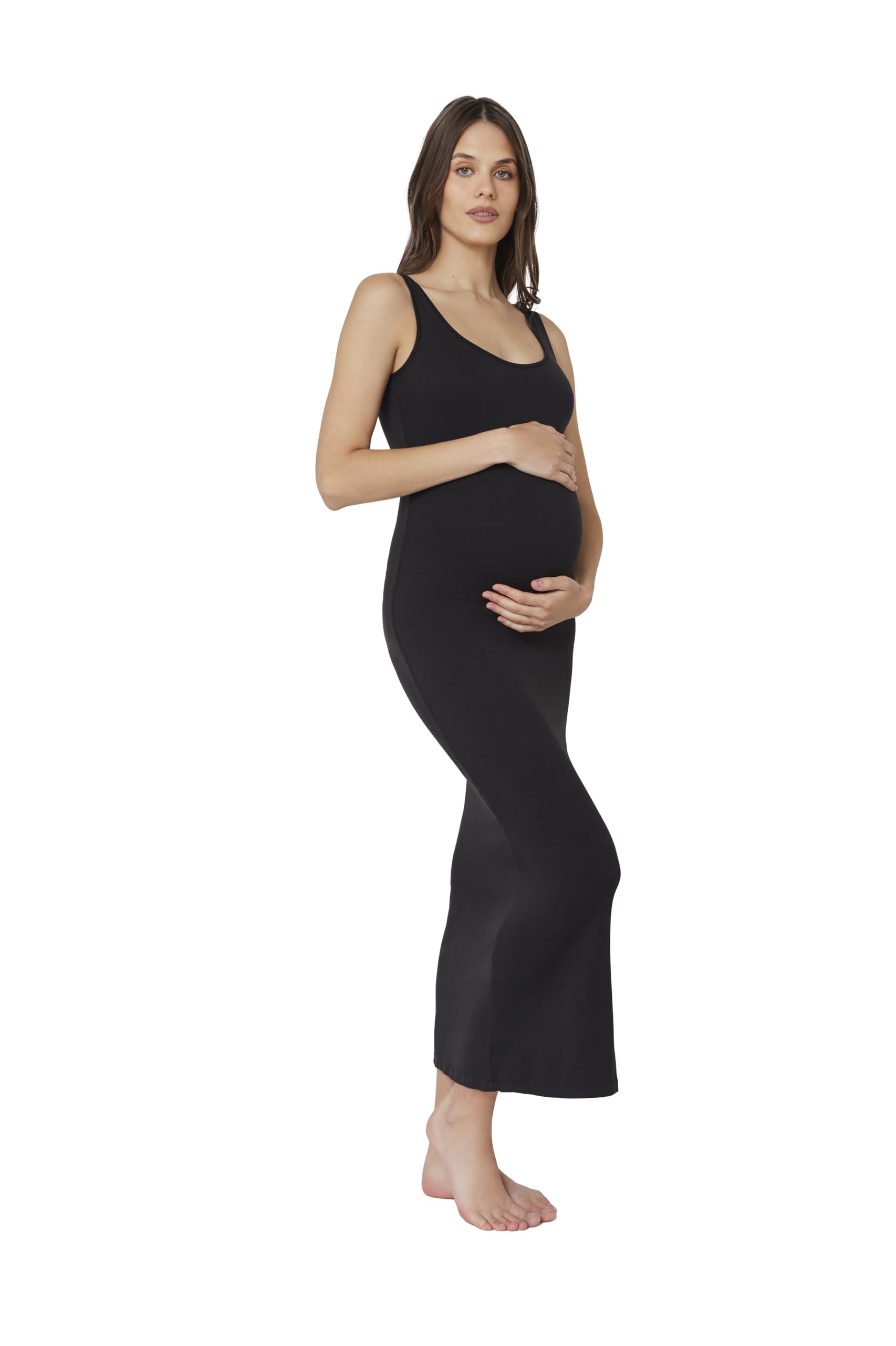 Photo 1 of BUMPSUIT Maternity Midi Dress Women Sleeveless Tank Top Soft Pregnancy and Postpartum Dress Stretchable Scoop Neckline with Shoulder Straps Pull On Maxi Black