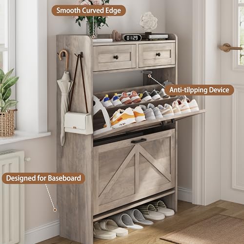 Image of Shoe Cabinet with 2 Flip Drawers & 2 Top Drawers, 43 inch Tall Freestanding Narrow Wooden Shoe Storage Organizer for Entryway, Hidden Slim Shoe Rack for Front Door Entrance, Hallway, Living Room, Grey