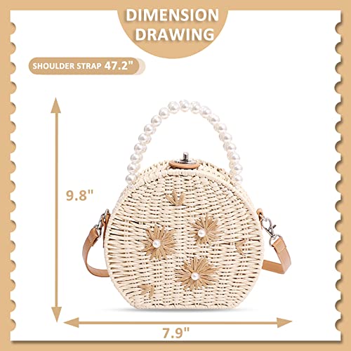 Straw Bag, Crossbody Bags for Women, Pearl Handbag Hard Box Handbags, Bohemian Handmade Woven Bag，Parties, Vacations Beach Bag(Beige)2