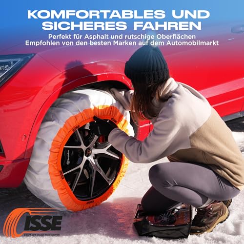 Schneeketten ISSE Super T-70 | Homologierte - EN 16662-1 - Textil-Schneeketten für Autos - Universelle Ketten für den täglichen Einsatz bei Schnee und Eis - Kit mit 2 Schneeketten + Handschuhe