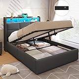 DICTAC Small Double Ottoman Bed Frame with Hydraulic Storage, Charging Station and Led Lights 4ft Upholstered Platform Bed Frame with Storage Headboard,Sturdy Wood Slats,Grey-120x190 cm(No Mattress)