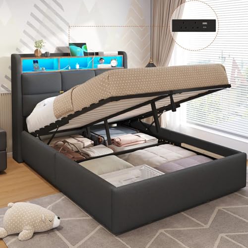 DICTAC Small Double Ottoman Bed Frame with Hydraulic Storage Charging Station and Led Lights 4ft Upholstered Platform Bed Frame with Storage Headboard Sturdy Wood Slats Grey-120x190 cm(No Mattress)