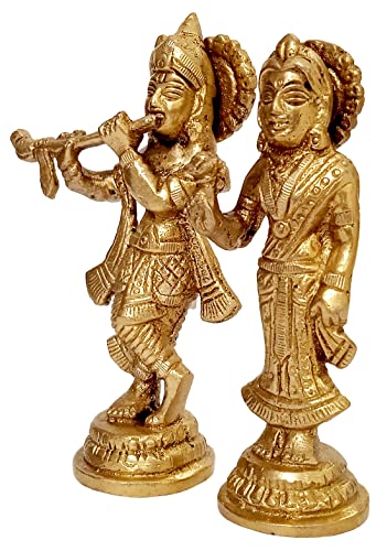Purpledip Brass Idol Set Radha Krishna: Collectible Statue For Home Temple (12407A), Gold - Image 2