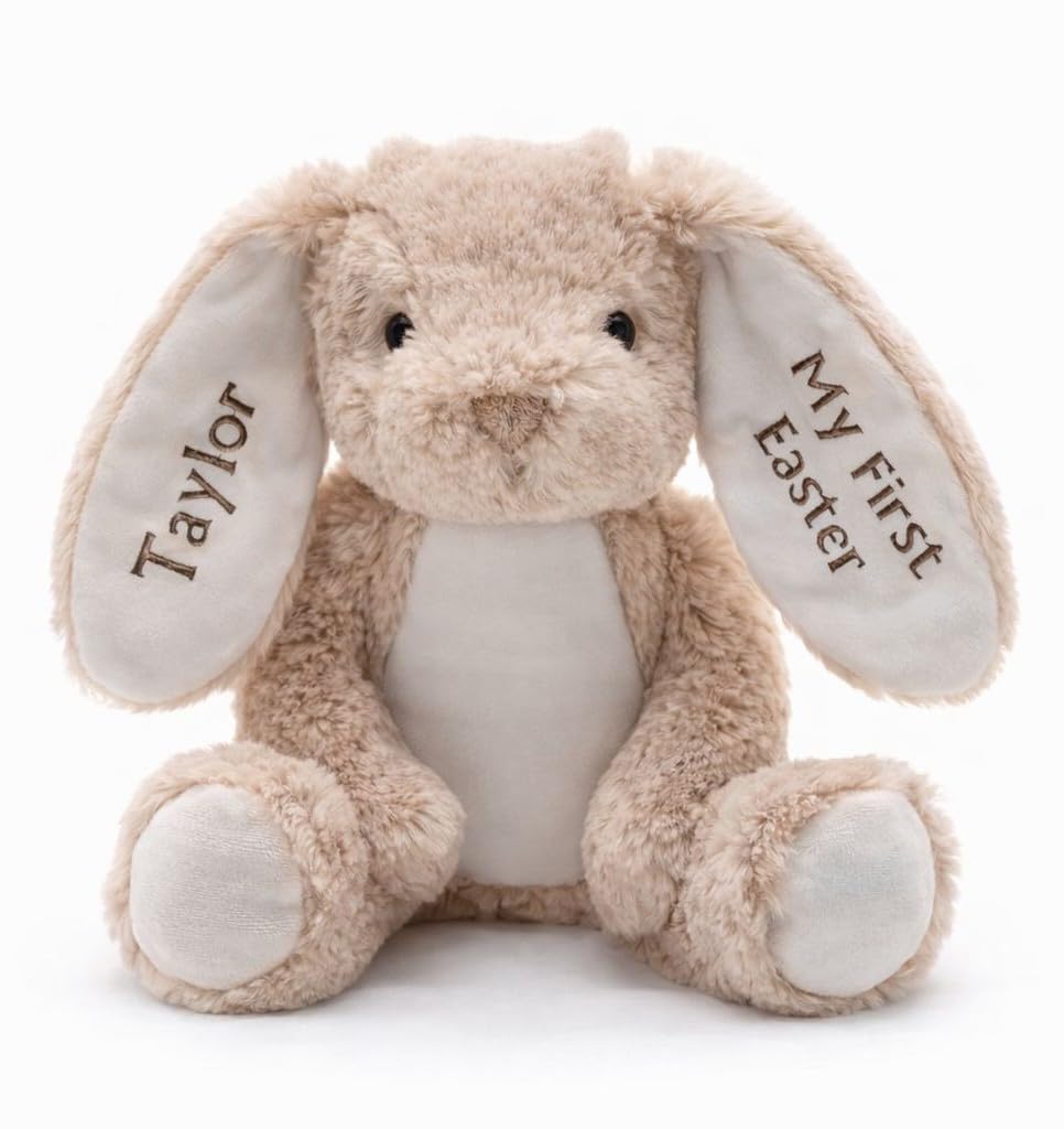 Lobeko Personalised Baby Bunny Teddy Bear – Soft Plush Rabbit with Custom Name & Date – Newborn Baby Gift, Baby Shower Present, Nursery Soft Toy, Baby’s 1st – 5 Colours