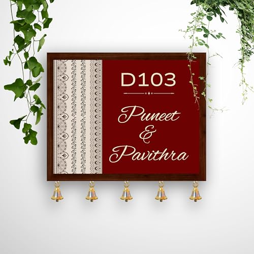 Image of Customised Name Plate for Home Entrance | Wooden Door Name Plate with Brass color Bell & Matte Finish for Home Decor | Personalized with Name & Apartment Number | 10x14 inch | Housewarming Gift