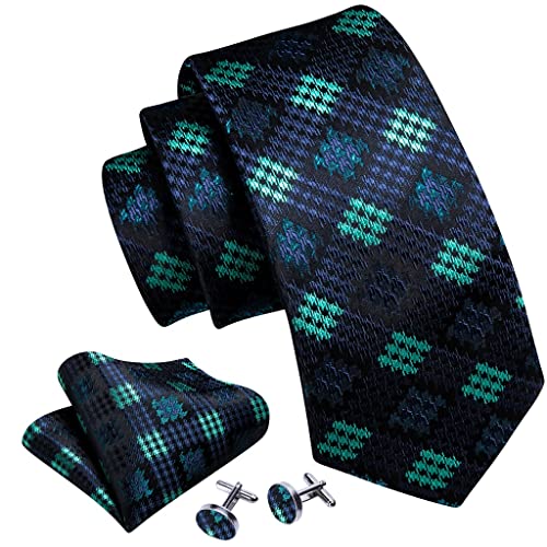 Set de corbata para hombre verde con cuadros y accesorios