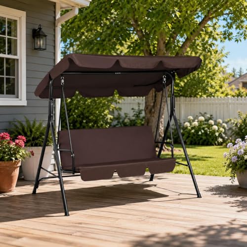 Image of Yaheetech 3-Seat Patio Swing Chair, Adjustable Canopy & Cushion, Dark Brown | Outdoor Glider Swing, 550lb Capacity, Tilting Sunshade, Anti-Slip Pads, Weather-Resistant Fabric, Ez up, Sturdy A-Frame