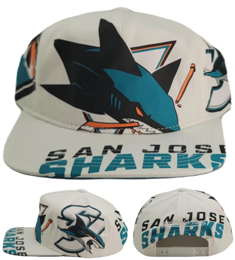 Mitchell & Ness San Jose Sharks New NHL Vintage Deadstock in Your Face White Black Teal Snapback Era Hat Cap, White, One size