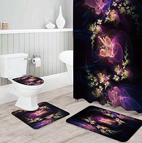 ZDDWLDL 4Pcs Duschvorhänge Set Mit Rutschfesten Teppichen,Toilettendeckel und Badematte Schwarzgrüne Lila Blütenblätter…