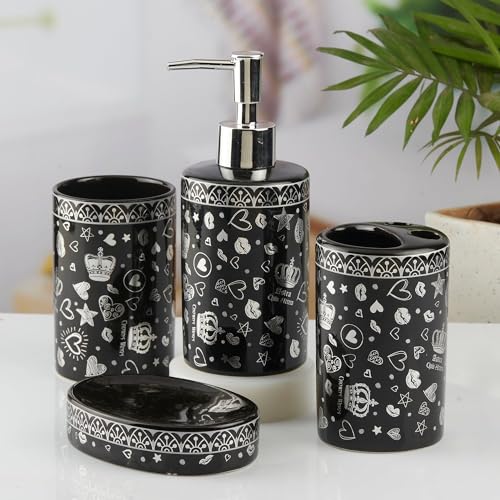 Image of SaSaSa Ceramic Bathroom Accessories Set of 4 Modern Bath Set with Soap Dispenser & Toothbrush Holder, Luxury Home & Gift Idea, Black /Silver (10463)