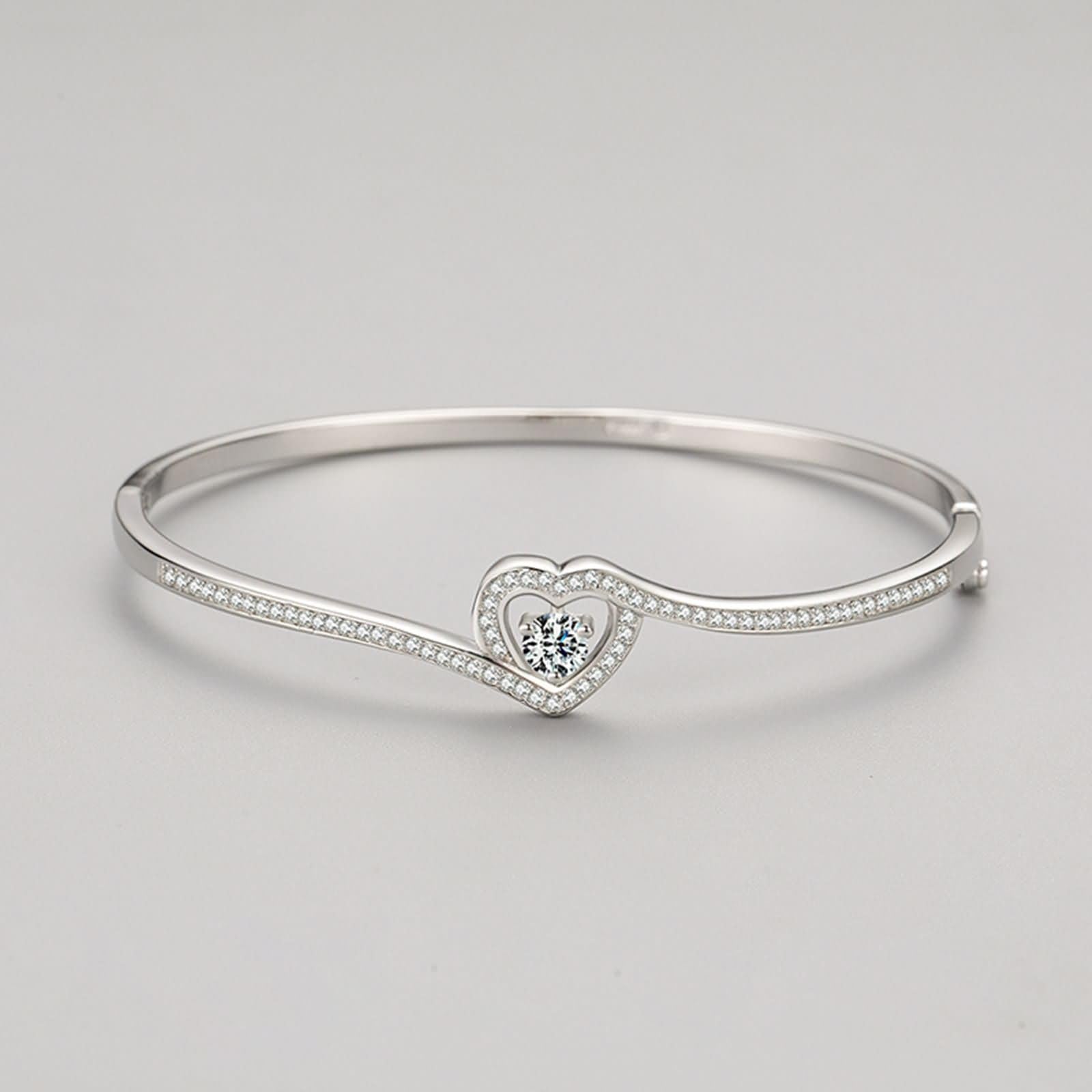 Brazaletes de Mujer Oro Blanco 9 K / 14 K / 18 K, Corazón Hueco con Moissanita, Cadena 16 CM, Pulseras Cadena Plata Mujer