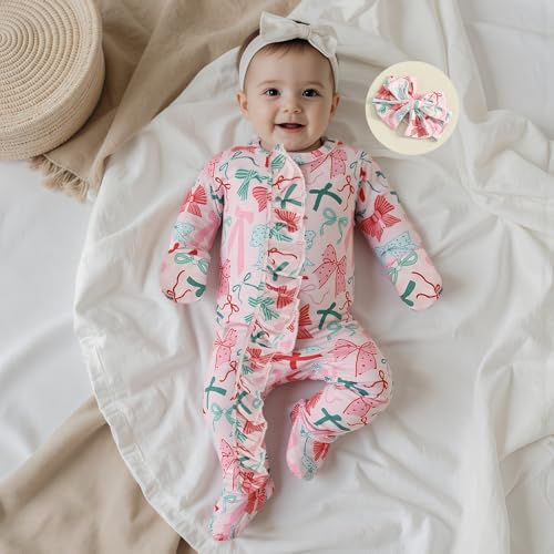 Newborn Baby Girl Christmas Outfit Bow Print Ruffled Zipper Long Sleeve Romper Jumpsuit Infant Fall Clothes Headband2
