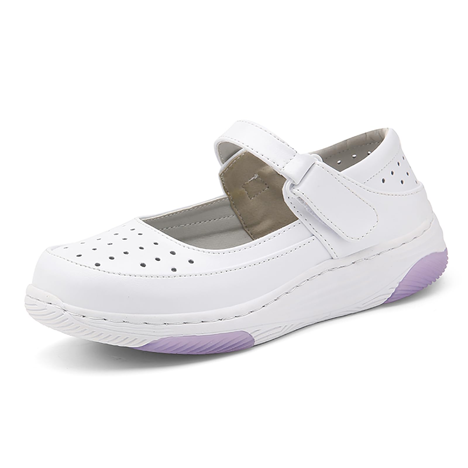 ZUYIYIA Women's Leather Hook&Loop Mary Jane Shoes,Comfortable Round Toe Breathable Lightweight Platform Sneakers Slip-on Orthopedic Nurse Working (White-Hollow,5)