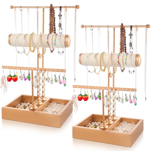 Wonderjune 2 Pcs 3 Tier Jewelry Holder Necklace Bracelet Display Stand with Earring Ring Tray Jewelry Organizer Storage Holder for Necklace Bracelet Bangle Watch Scrunchie