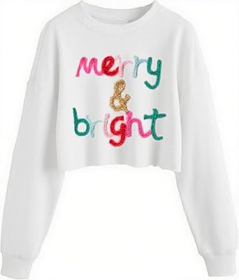 Womens Casual Merry Sweatshirts Merry and Bright Christmas Sweatshirt Long Sleeve Crop Graphic Tees