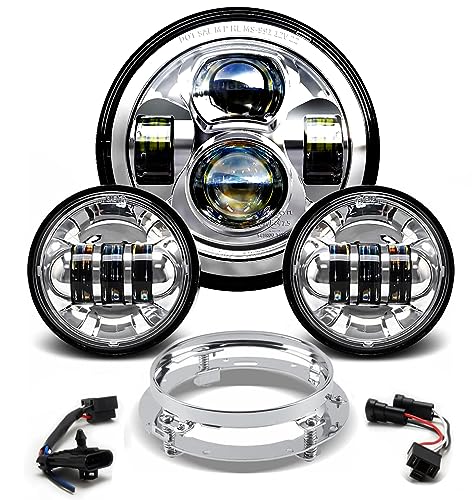 Upgraded Chrome 7 Inch LED Headlight & 4.5 Inch Fog Lights with Turn Signals Headlamp Kit with Mounting Ring and 2 Adapter Harnesses Compatible with Harley Road King Electra Glide Ultra| DOT Certified