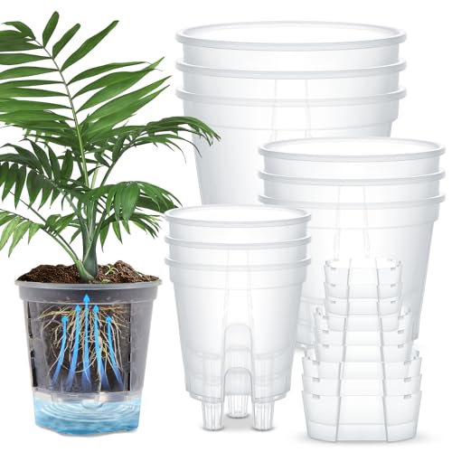Wonderjune Self Watering Pots for Indoor Plants with Deep Reservoir and High Drainage Holes for Outdoor Plants and Flowers, Bare Root Planter(4.72'', 5.91'', 7.09'',Clear,9 Pcs)