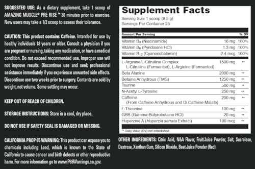 Image of Amazing Muscle Pre Rise | Pre-Workout Powder Supplement with Caffeine & Beta-Alanine for Men & Women | 25 Servings (25 Servings, Cherry Ice)
