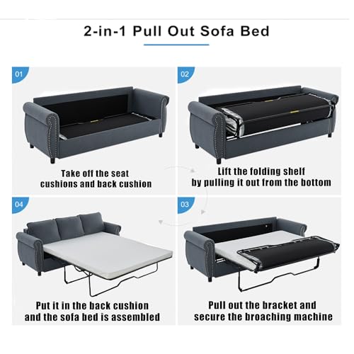 Image of Modern 3 Seat Sofa Couches with Pull Out Queen Memory Mattress Sleeper Bed, 2-in-1 Convertible 3 Seater Sofa Couch W /Rivet Decor and Scroll Armrests for Home Apartment