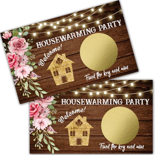 Haizct 50 Pack Housewarming Scratch Off Game, Wood Grain Key Scratch Card for Rustic New Home New House, Housewarming Party Card Lottery, Bridal Shower Activity and Idea