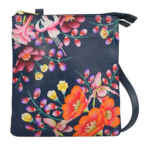 Anuschka Bolsa tiracolo feminina original pintada à mão em couro genuíno com compartimento triplo, Prado iluminado pela lua, One Size
