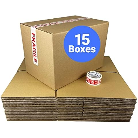 Schott Packaging Double Walled Box and Fragile Tape Kit - 15x Strong Large Cardboard Moving House Boxes 457mm x 305mm x 305mm - Fragile Packing Tape 48mm x 66m for Storage Home Moving - 15 Pack Cover