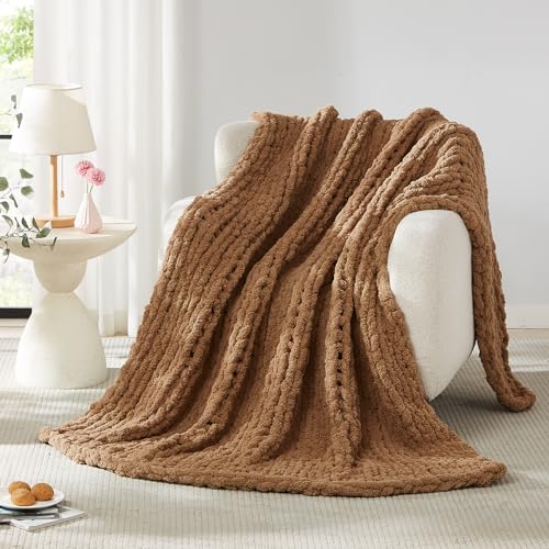 L'AGRATY Chunky Knit Blanket Throw - Soft Chenille Yarn Throw Blanket 40x50: Handmade Thick Cable Knit Crochet Blanke - Large Knit Blanket Chunky Rope Knot Throw Blanket for Couch Sofa Bed Home Decor