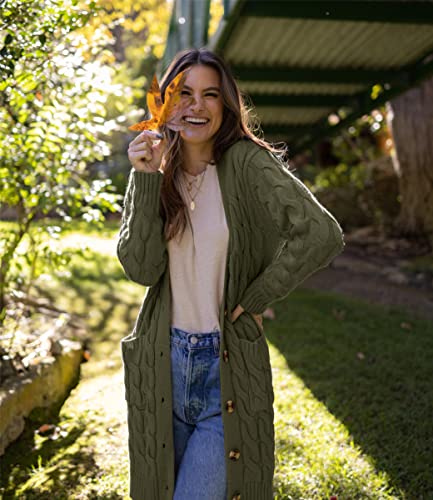 Image of PRETTYGARDEN Long Sleeve Cable Knit Long Cardigan for Women 2026 Spring Winter Chunky Open Front Button Sweaters with Pockets