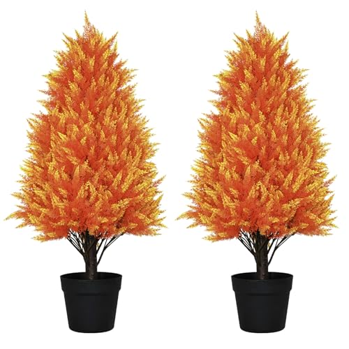 30" Fall Artificial Cedar Topiary Trees Set of 2, UV Resistant Faux Orange Cypress Pine Plants for Outdoor Planters, Realistic Fake Shrubs and Bushes for Front Porch Patio Garden Decor 30" C