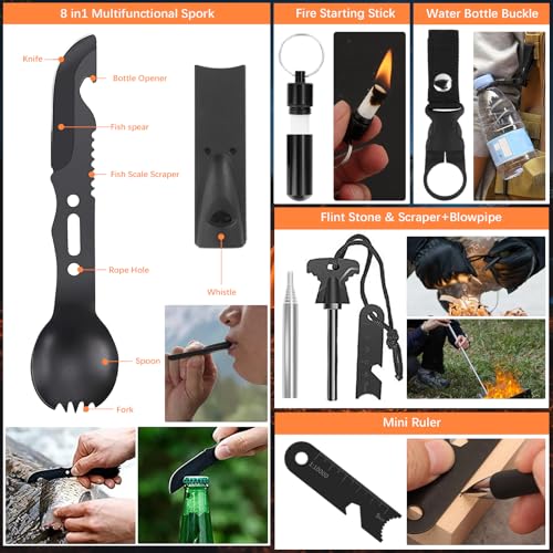 69 Teiliges Außen Notfall Survival Kit im Freien, Taktische Taschenlampe Kompass Feuerstahl Paracord Multifunktionstools und Regenponcho, Notfall Ausrüstung für Camping Wandern und Outdoor Abenteuer