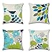 Artscope Zestaw 4 dekoracyjnych poszewek na poduszki 45 x 45 cm, niebieskie i zielone kwiaty, wodoodporne poszewki na poduszki, idealne na zewnątrz, patio, ogród, ławka, salon, sofa, dom wiejski, wystrój