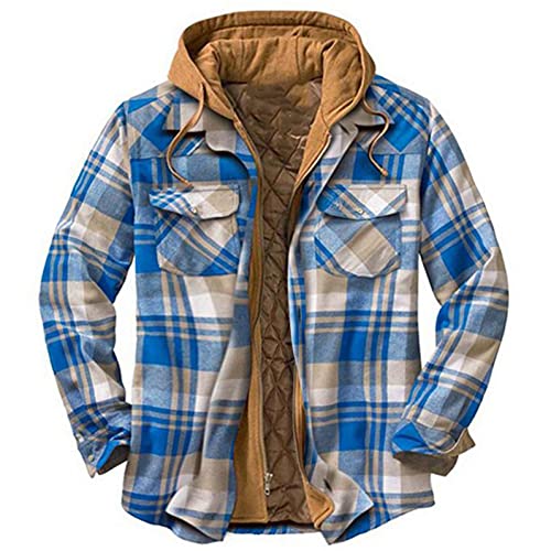 Burband Mens Thermal Quilted Lined Flannel Shirts Jackets with Hood Button Down Long Sleeve Big and Tall Plaid Jackets Sky Blue