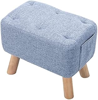 Padded Pouffe Footstool Multifunction Large Ottoman Stool with Wood Legs Square Linen Fabric Pouffe Chair For Living Room,Bedroom,Office,Entryway (Blue)