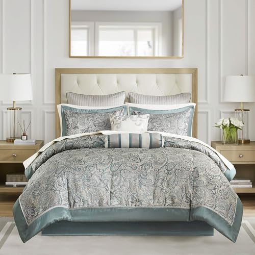 Image of Madison Park Aubrey Cozy 12 Piece Comforter Set & Sheet, Luxe Faux Silk Jacquard Paisley Design - All Season Down Alternative Bedding with Cotton Bed Sheets, Bedskirt, Toss Pillows, Cal King Teal