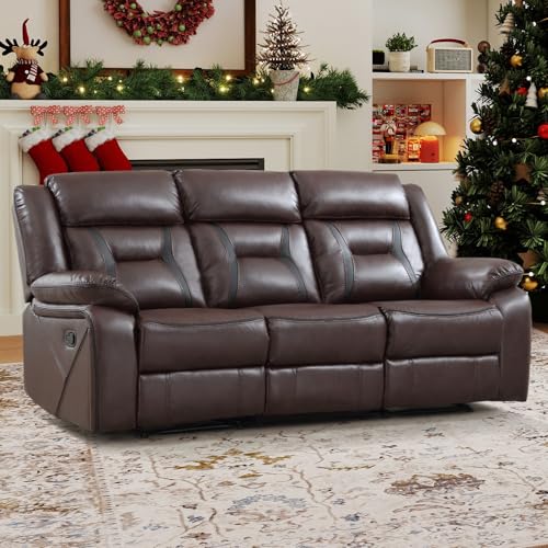 EBELLO Faux Leather Manual Reclining Sofa, 3 Seat Recliner Sofa Chair, Couch Furniture for Living Room, Furniture, Meeting Room, Dark Brown (3 Seat Sofa)