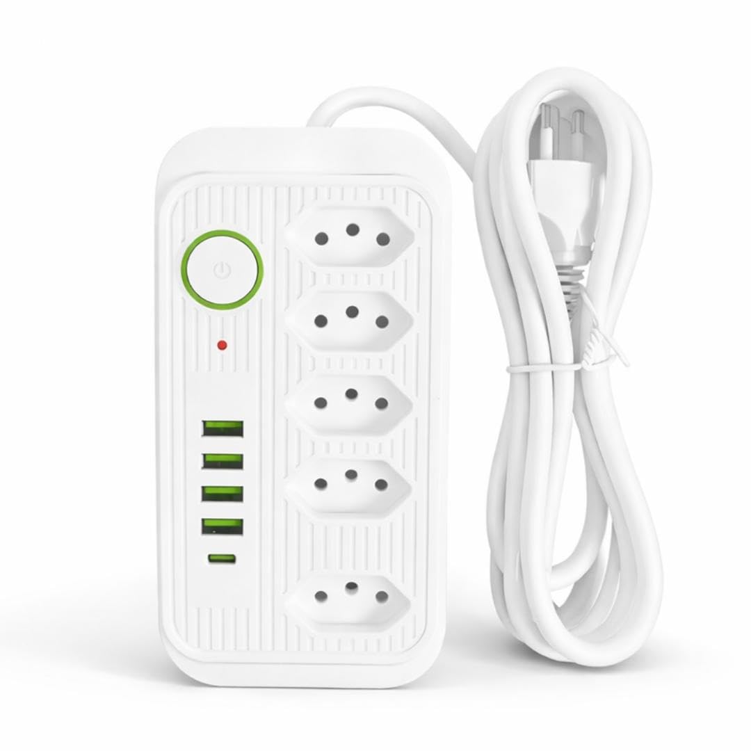 Extensão de Tomada, Régua de energia, Filtro de Linha com 5 Tomadas + 4 USB + 1 USB - C,