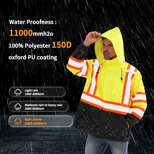 Image of Reflective Rain jackets for men waterproof,Hi Vis Safety Coat With Reflective Strips,High Visibility Class 3 Rain jackets With 2 large pockets,Zipper,Lime,2XL /3XL