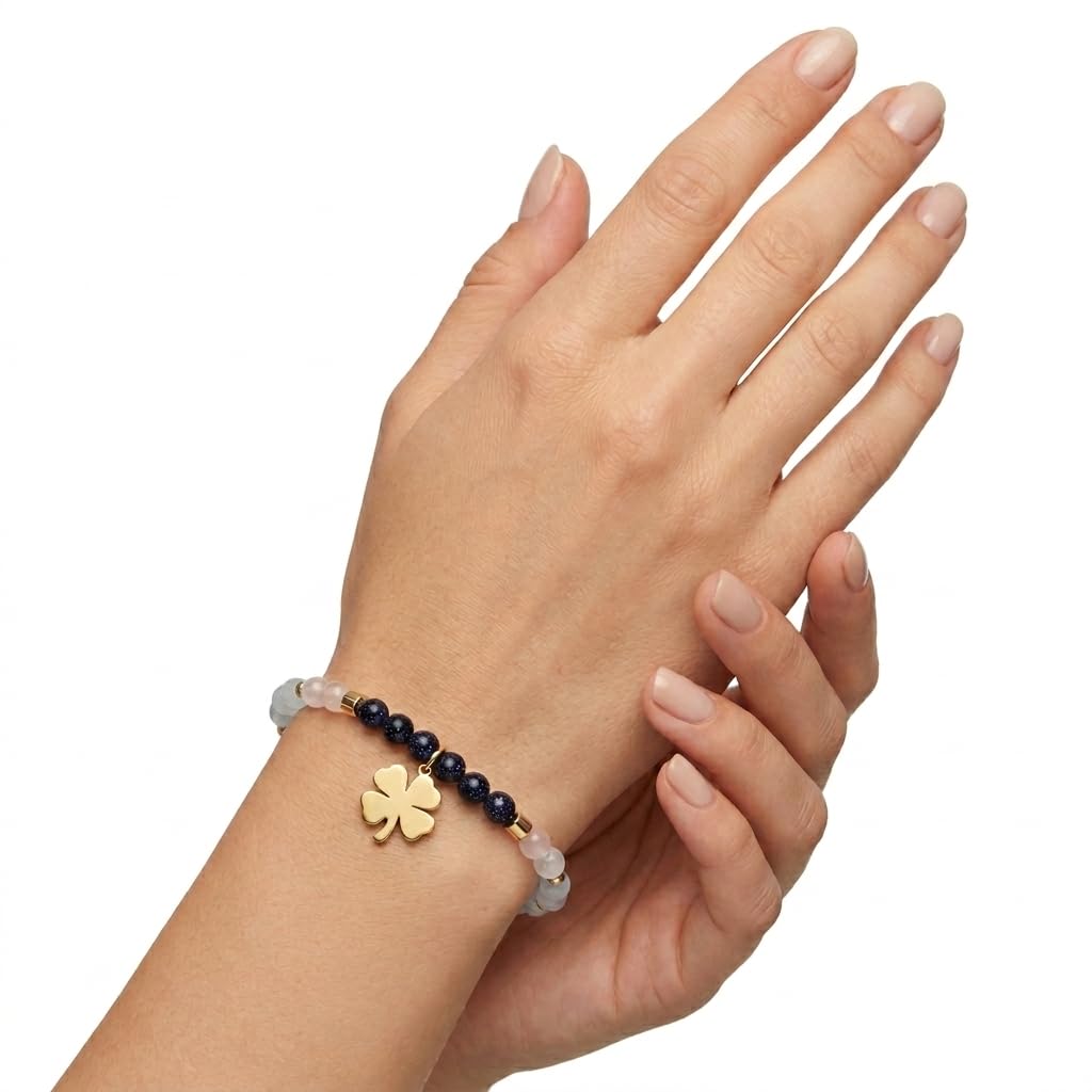 Stone's Grace Pulseras Aguamarina Para Mujer - Piedras Naturales - Trébol - Hecho a Mano - Cuentas Aventurina, Cuarzo Fresa de 5mm - Ajustable 17cm-20cm - Acero Inoxidable