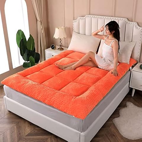 ALEEIK Plush Full Size Mattress,Ultra Soft Non-Slip Bed Mattress Topper 3 Inch Extra Thick Mattress Protector with Down Alternative Fill(Full, Orange) Cover