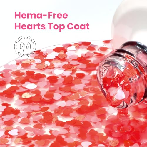 Image of Beetles Heart Gel Top Coat 15ml - Hema Free Glitter Shine No Wipe Top Coat Long-Lasting for Gel Polish, Pink Heart Sparkle Soak Off UV LED Gift for Women