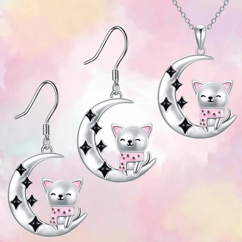 Cat Necklace Earrings Jewelry Set, Pink Crystal Accents Moon Cute Animal Jewelry Gifts for Women Cat Lovers - Image 4