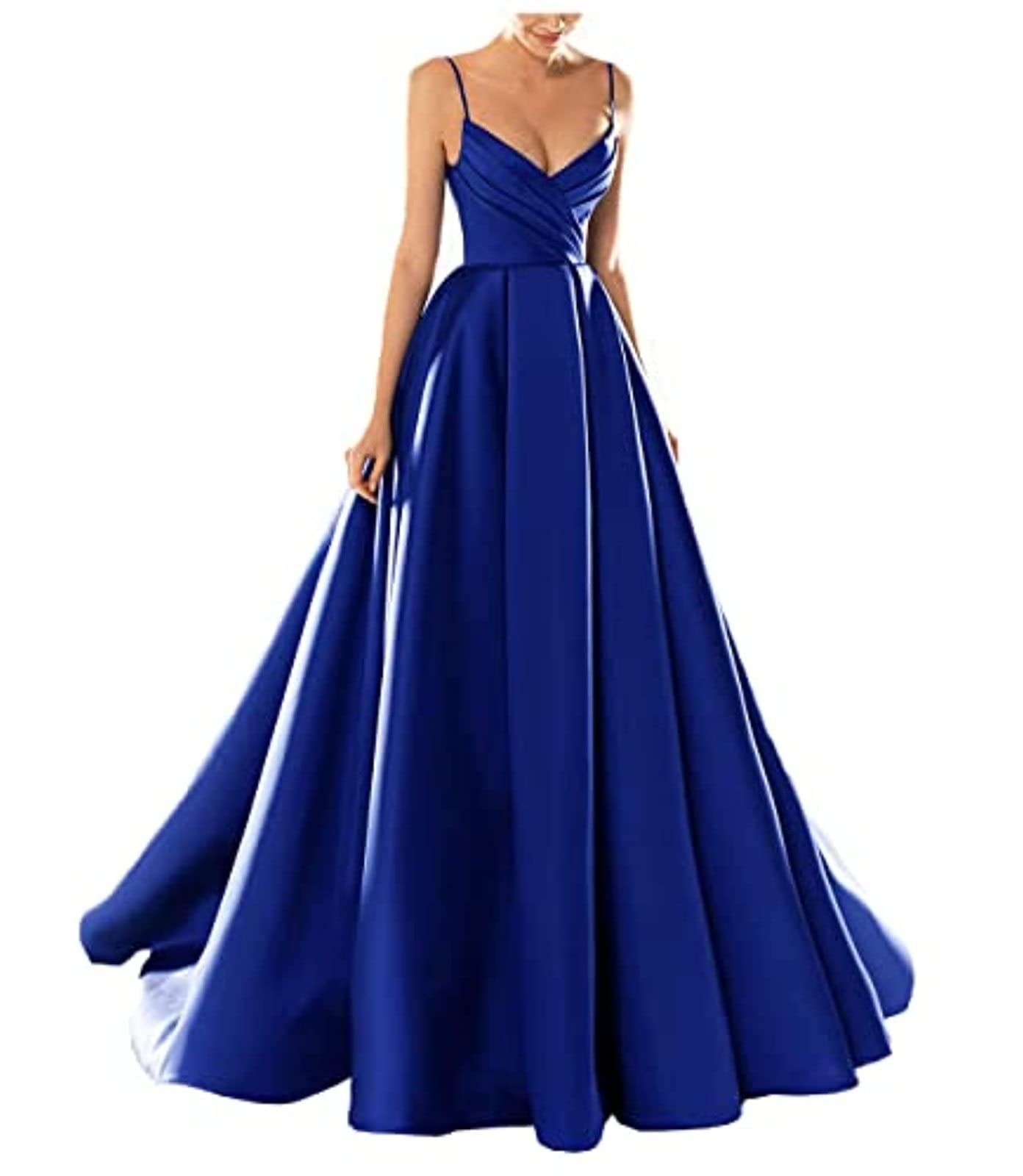 yhfshop Elegant Bridesmaid Dresses,Sexy V-Neck Spaghetti Strap Satin Evening Dress,Royal Blue,US8,Women's Classic Evening Dresses