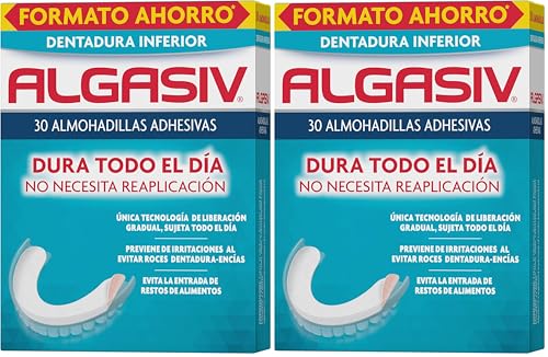 Algasiv Almohadillas Adhesivas para Dentaduras Postizas Inferiores, Dura Todo el Día y Protege las Encías, 30 Unidades (Paquete de 2)