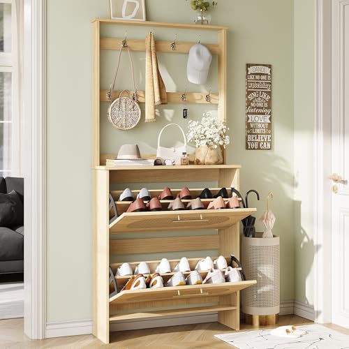 Image of Maupvit Tall Shoe Cabinet with Coat Rack, Slim Hidden Narrow Shoe Storage Cabinet with Doors & Drawer, 2-in-1 Hall Tree Freestanding Shoe Rack Organizer for Entryway Hallway Closet(Natural Oak)