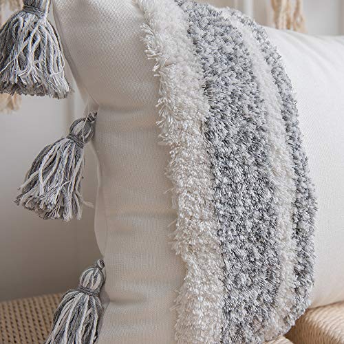 DEZENE Boho Throw Pillow Covers: 2 Pack 100% Cotton Woven Tufted Rectangle Lumbar Decorative Pillowcases with Tassels for Couch Sofa Bed, Accent Cushion Covers for Farmhouse, Kids, 12 x 20 Inch Grey