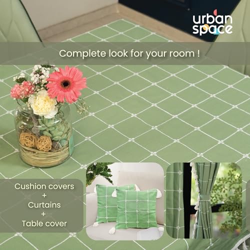 Image of Urban Space 100% Cotton Rectangular Dining Table Cover 6 Seater,Premium Embroidered Cotton Table Cloth for Center Table with Tassels,Rectagular Table Cover 48 inch x 92 inch(6 Seater,Aura Checks sage Green)