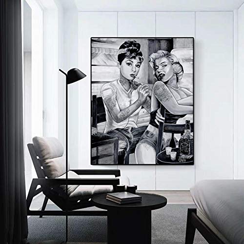 XuFan Retrato póster Lienzo Pintura Marilyn Monroe Audrey Hepburn Tatuaje Fumar Arte Pared Cuadros para Sala de Cama 50cm_x75cm_No_Frame