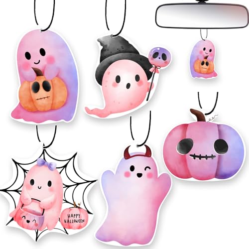 Image of 5Pcs Halloween Cute Ghost Car Air Fresheners Pink Pumpkin Horror Car Interior Accessories Hanging Scents Anime Freshener Automotive Room Decor For Women Teen Girls Gift